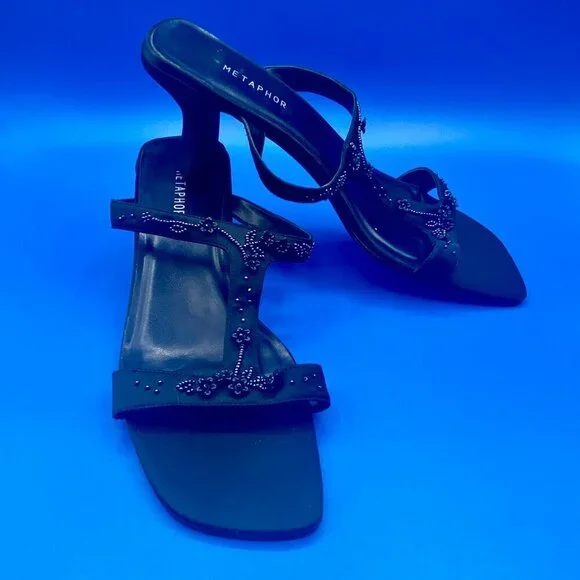 METAPHOR Black Heeled Sandals Festive Beading Leather Sole Women's Size 9.5 - Picture 4 of 9